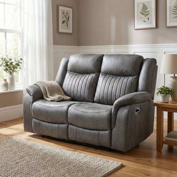 Darlington 2 seater manual recliner sofa in grey, living room upright