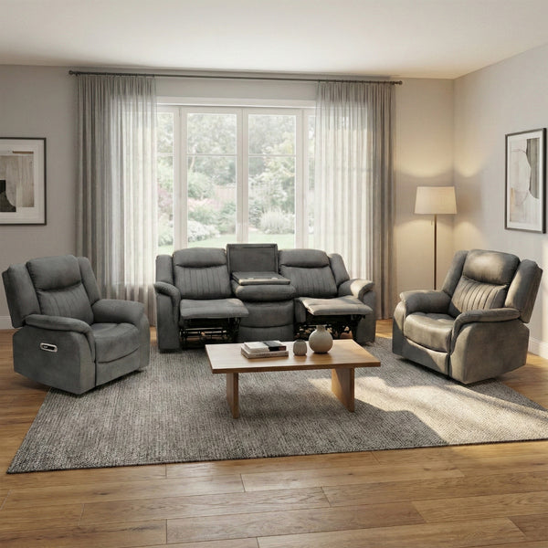 Darlington 3+1+1 electric recliner sofa set in grey, living room reclined console open