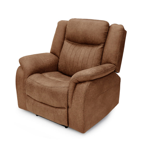 Darlington 3+1+1 electric recliner sofa set in tan, armchair angled upright