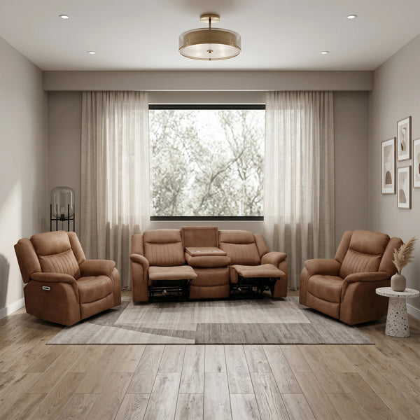 Darlington 3+1+1 electric recliner sofa set in tan, living room reclined console open