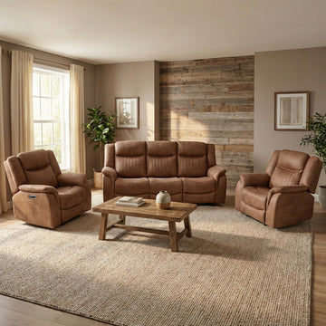 Darlington 3+1+1 electric recliner sofa set in tan, living room sofa two armchairs