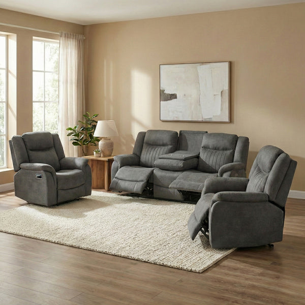 Darlington 3+1+1 manual recliner sofa set in grey, living room reclined console open