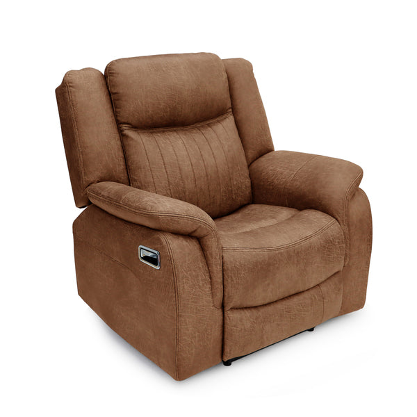 Darlington 3+1+1 manual recliner sofa set in tan, armchair angled upright