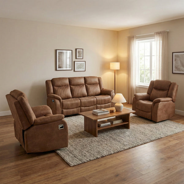 Darlington 3+1+1 manual recliner sofa set in tan, living room reclined console open