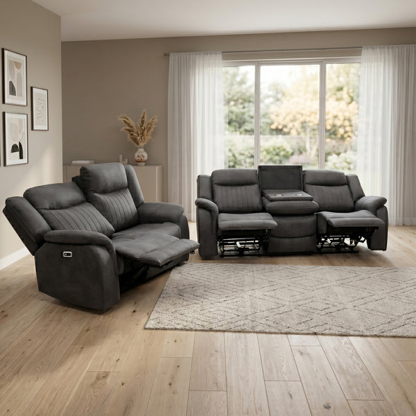 Darlington 3+2 electric recliner sofa set in grey, living room console open footrests raised