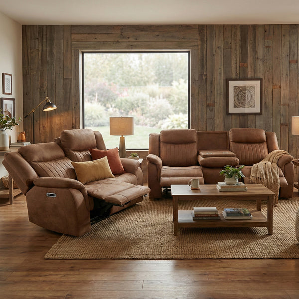 Darlington 3+2 electric recliner sofa set in tan, living room reclining sofa set