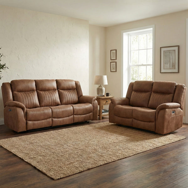 Darlington 3+2 electric recliner sofa set in tan, living room upright sofa set