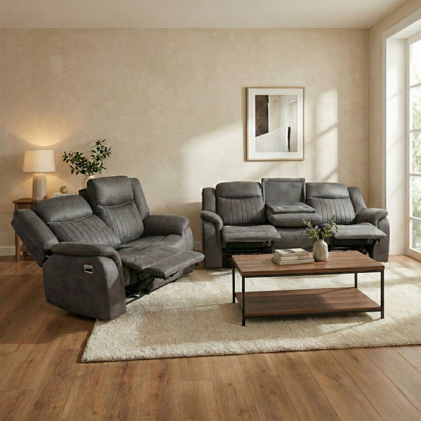 Darlington 3+2 manual recliner sofa set in grey, living room footrest raised console open