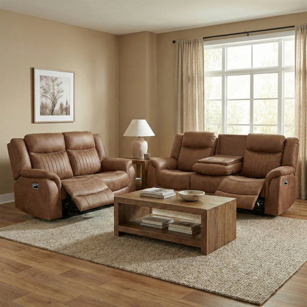 Darlington 3+2 manual recliner sofa set in tan, living room console open sofa set