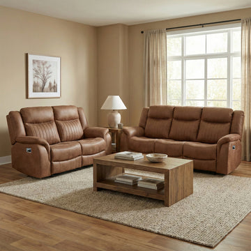 Darlington 3+2 manual recliner sofa set in tan, living room upright sofa set