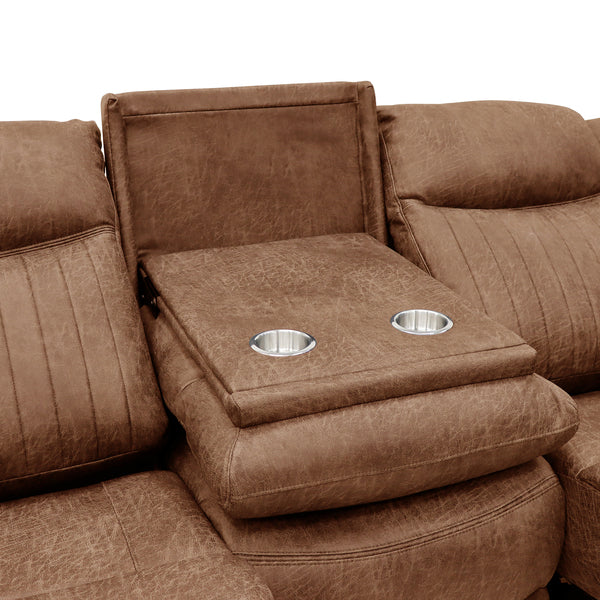 Darlington 3 seater electric recliner sofa in tan, drop down console two cup holders