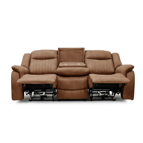 Darlington 3 seater electric recliner sofa in tan, front reclined console open