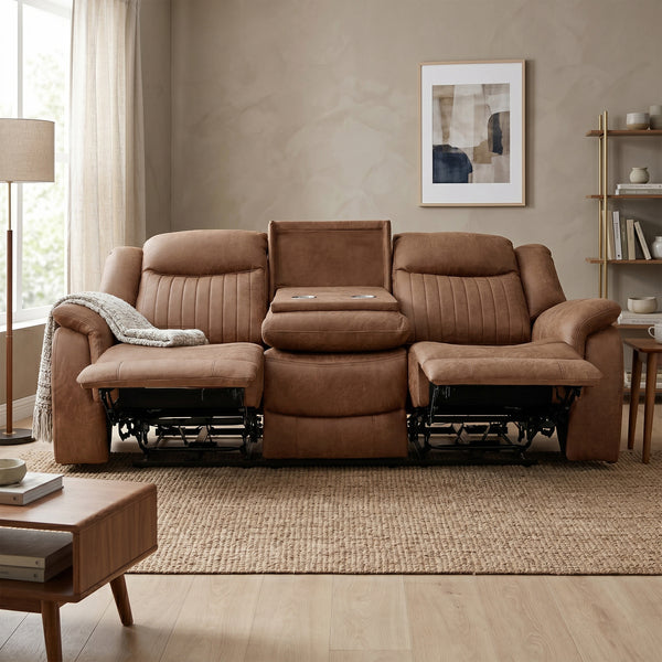 Darlington 3 seater electric recliner sofa in tan, living room reclined console open
