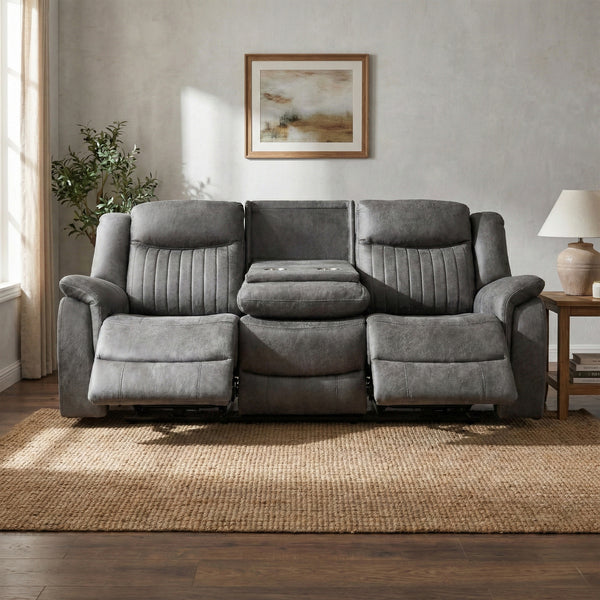 Darlington 3 seater manual recliner sofa in grey, living room reclined console open