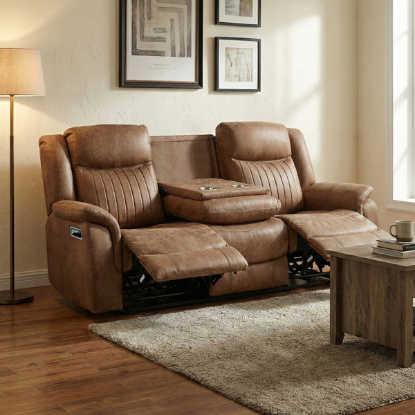 Darlington 3 seater manual recliner sofa in tan, living room reclined console open
