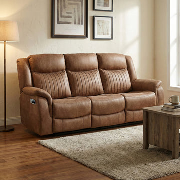Darlington 3 seater manual recliner sofa in tan, living room upright