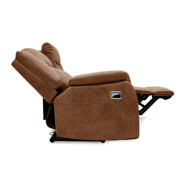 Darlington 3 seater manual recliner sofa in tan, side reclined footrest extended