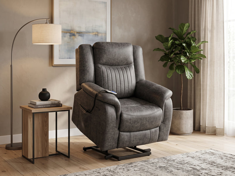 Darlington dual motor electric lift & tilt recliner armchair in grey, living room lift position raised