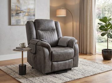 Darlington dual motor electric lift & tilt recliner armchair in grey, living room upright