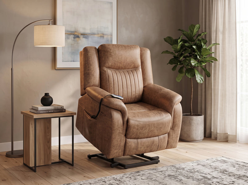 Darlington dual motor electric lift & tilt recliner armchair in tan, living room lift position raised