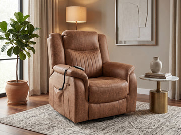 Darlington dual motor electric lift & tilt recliner armchair in tan, living room upright