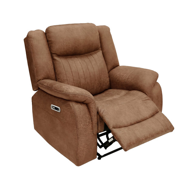 Darlington electric recliner armchair in tan, angled footrest raised