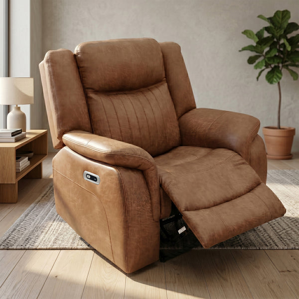 Darlington electric recliner armchair in tan, living room footrest raised