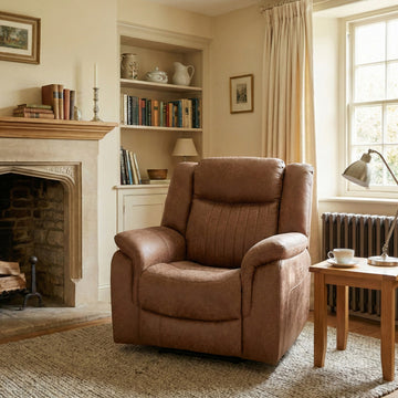 Darlington electric recliner armchair in tan, living room upright