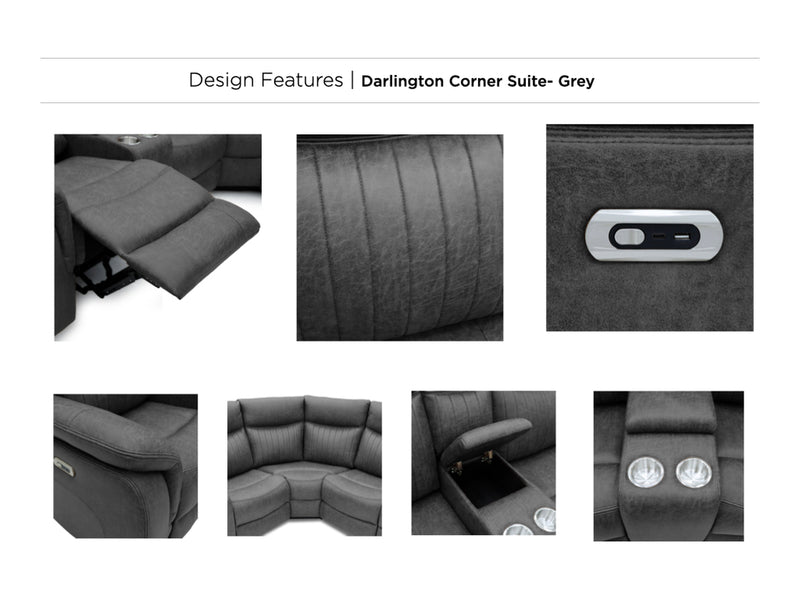 Darlington electric recliner corner sofa in grey, electric recliner design features