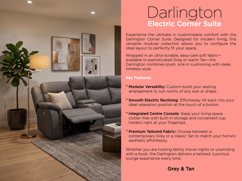 Darlington electric recliner corner sofa in grey, front footrests raised