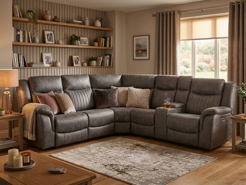 Darlington electric recliner corner sofa in grey, living room upright