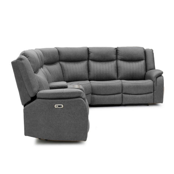 Darlington electric recliner corner sofa in grey, padded armrest and control detail