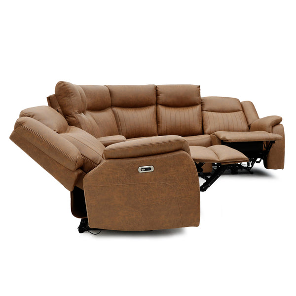 Darlington electric recliner corner sofa in tan, angled reclined