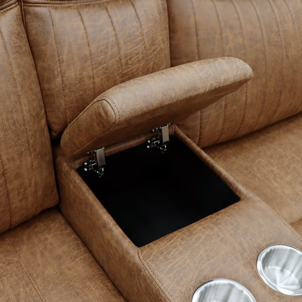 Darlington electric recliner corner sofa in tan, console storage compartment open