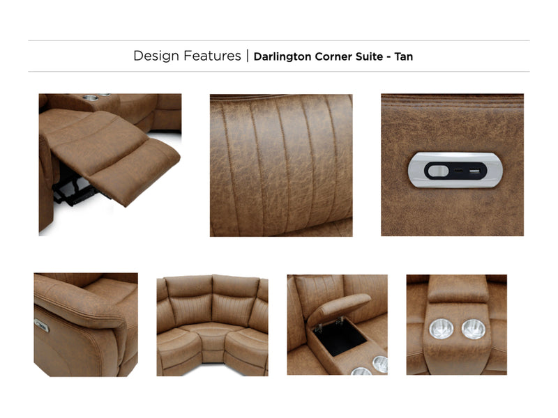 Darlington electric recliner corner sofa in tan, electric recliner design features