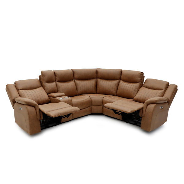 Darlington electric recliner corner sofa in tan, front footrests raised