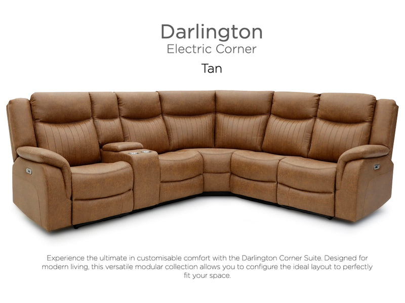 Darlington electric recliner corner sofa in tan, front upright product overview