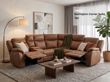 Darlington electric recliner corner sofa in tan, living room reclined corner suite