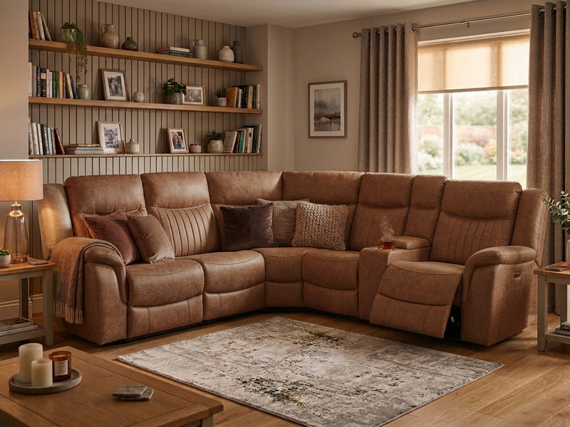 Darlington electric recliner corner sofa in tan, living room upright