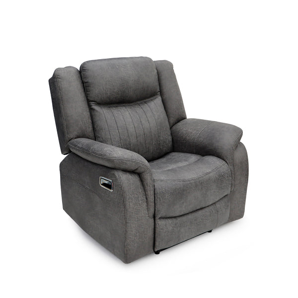 Darlington manual recliner armchair in grey, angled upright