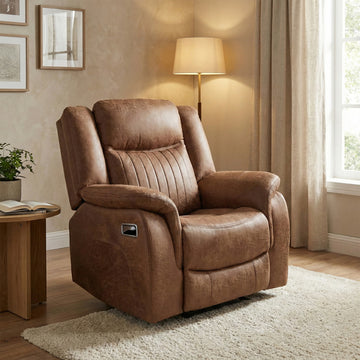 Darlington manual recliner armchair in tan, living room upright