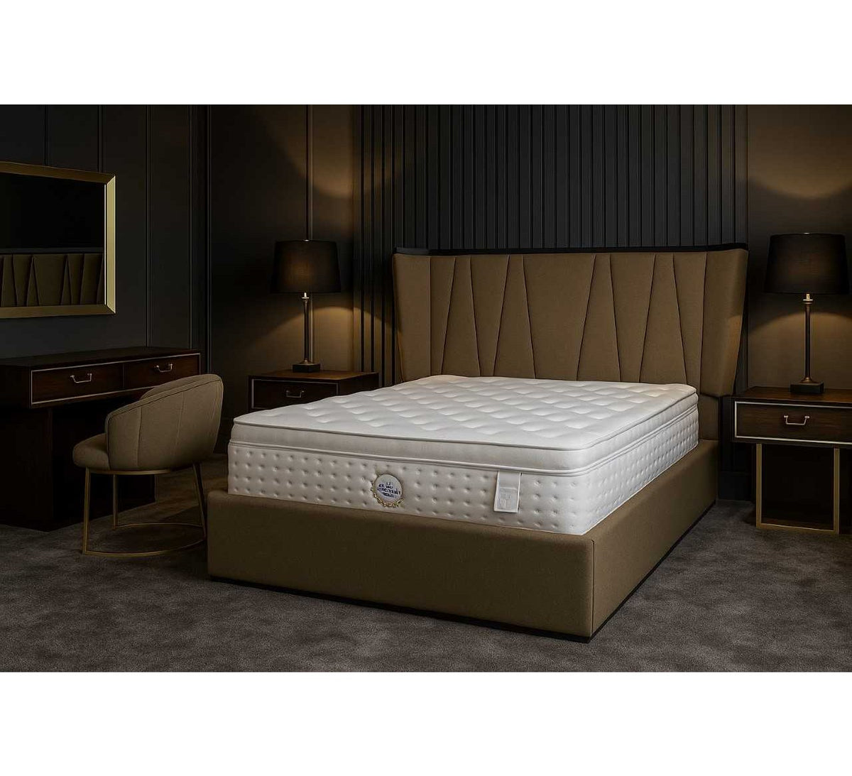 Dubai Bed – Taupe Fabric, taupe bed with a white mattress in a dark bedroom