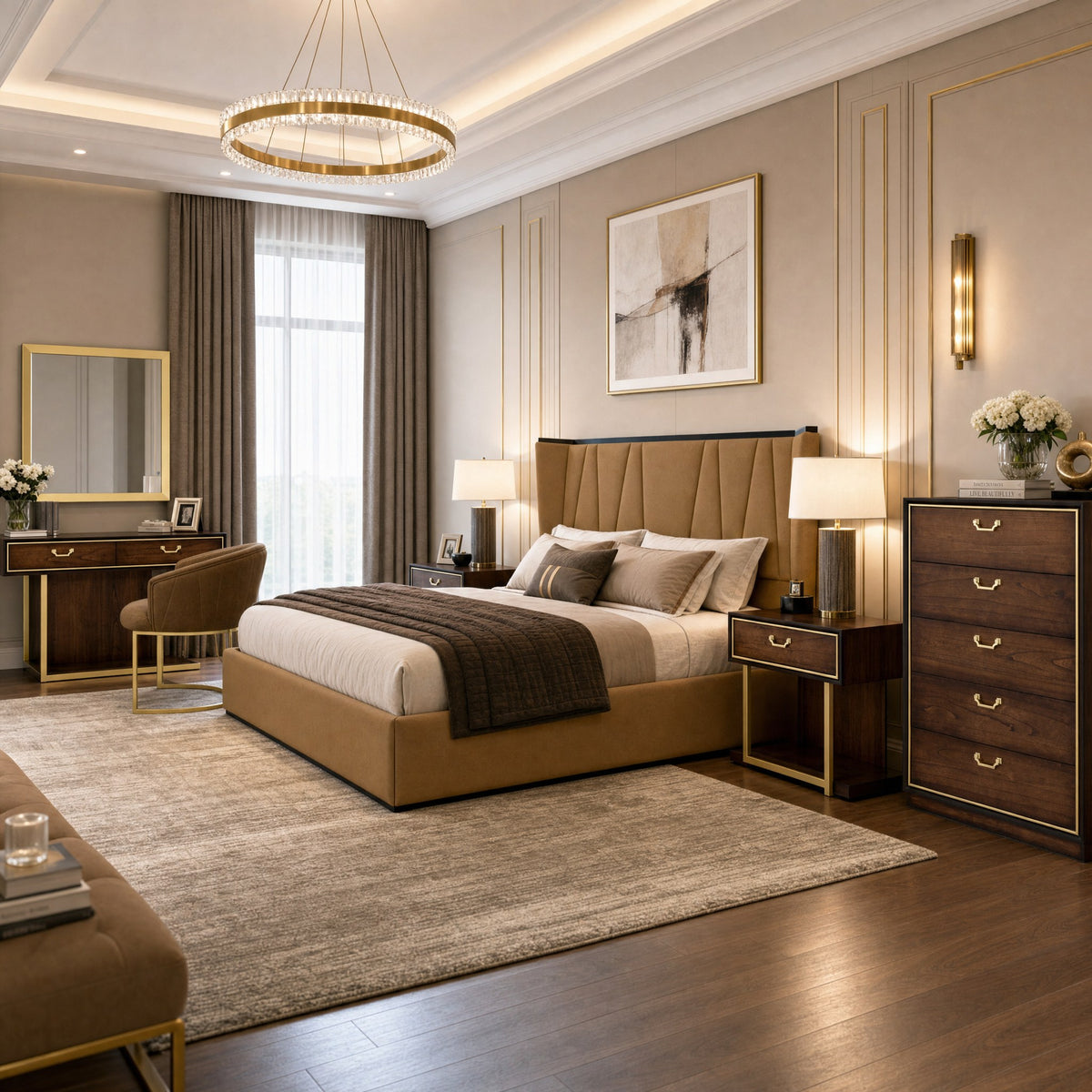 Dubai Bed – Taupe Fabric, taupe upholstered bed in a bright bedroom with walnut furniture
