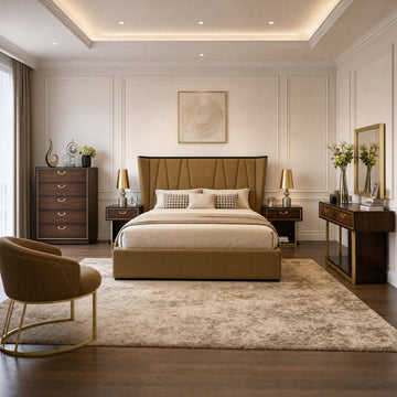 Dubai Bed – Taupe Fabric, front view of the styled bed with matching bedside tables