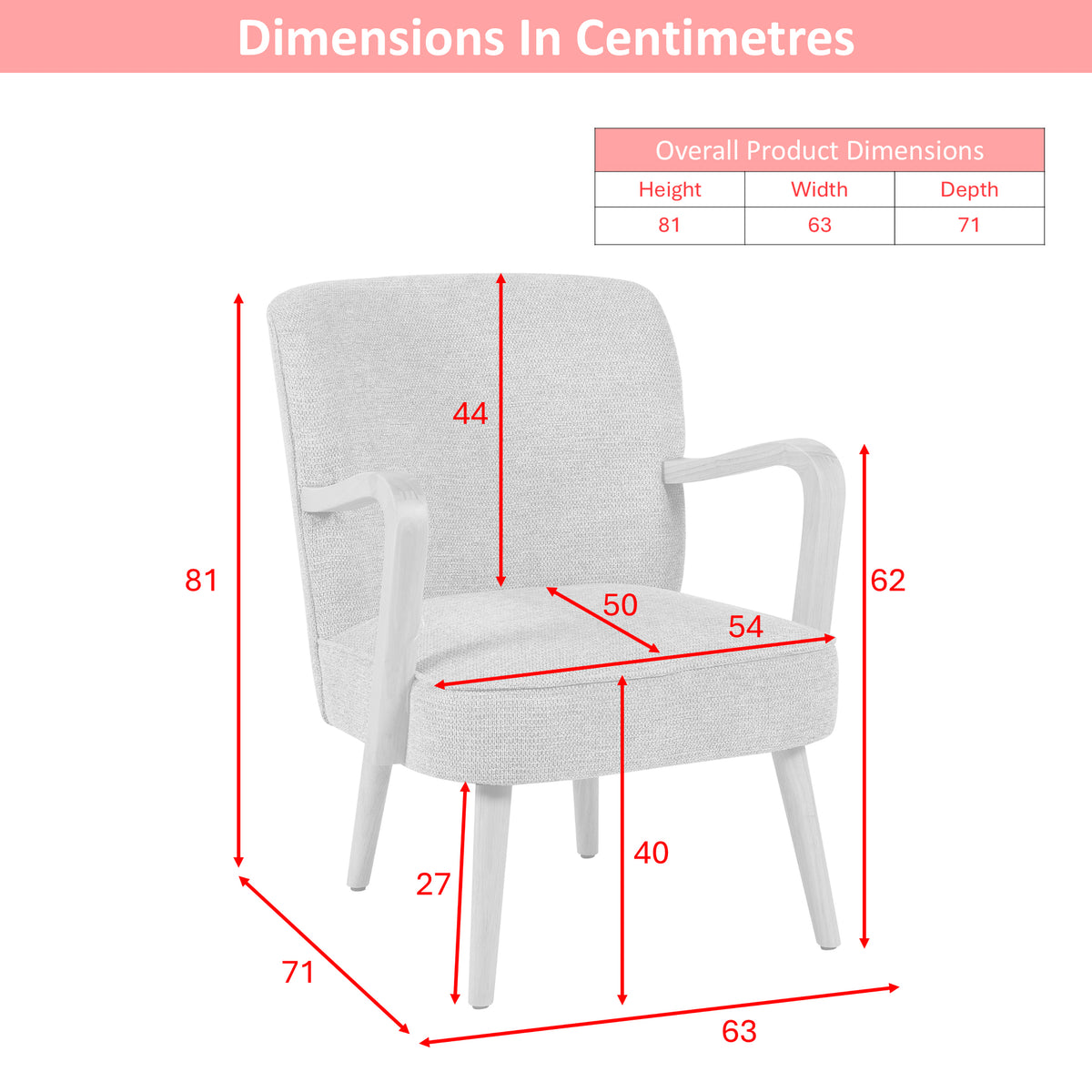 Eliza Accent Chair in Copper, dimension diagram W63 D71 H81 cm