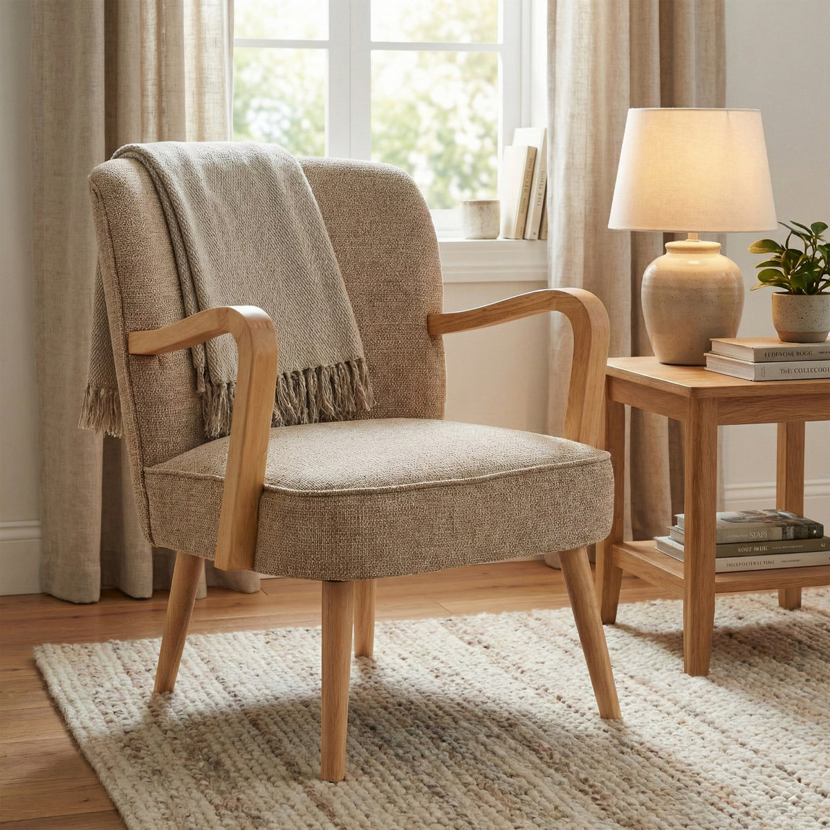 Eliza Accent Chair in Oatmeal, accent chair in a reading corner