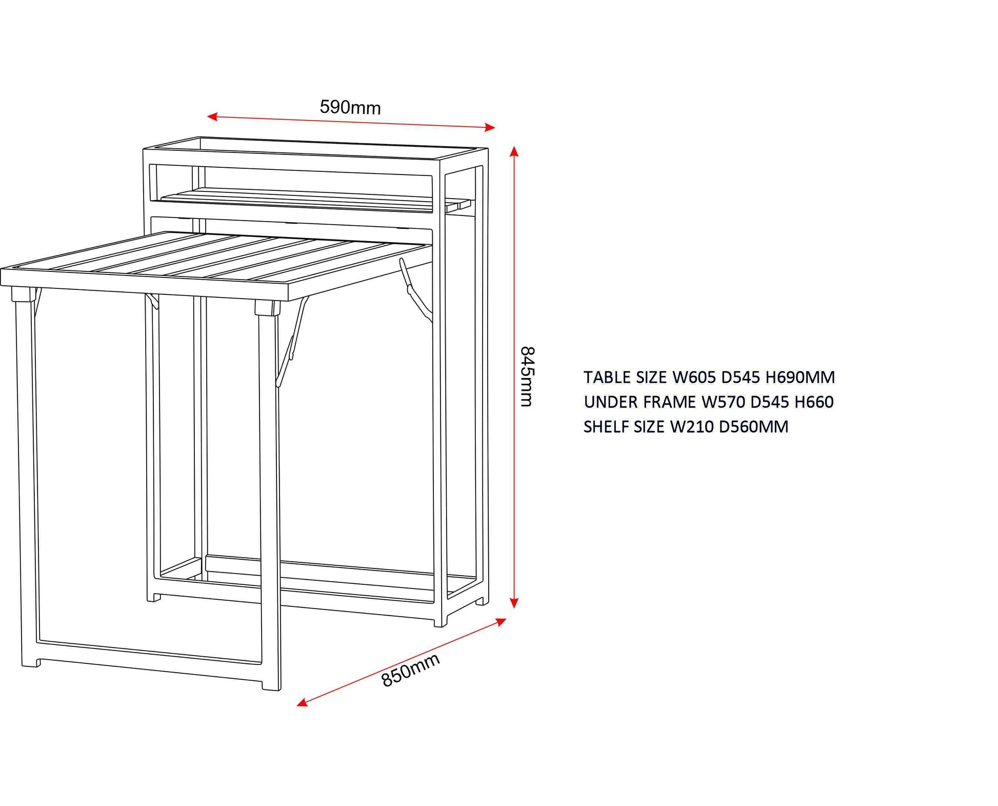drawing of a table with dimensions labeled