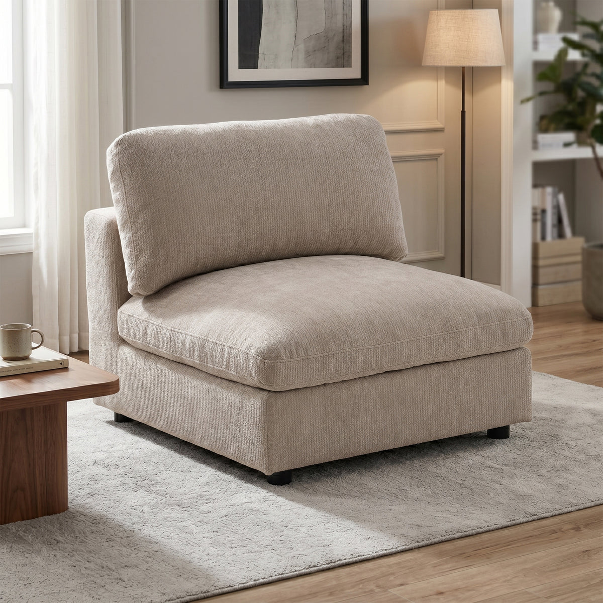 Haven Biscuit fabric armless chair room view