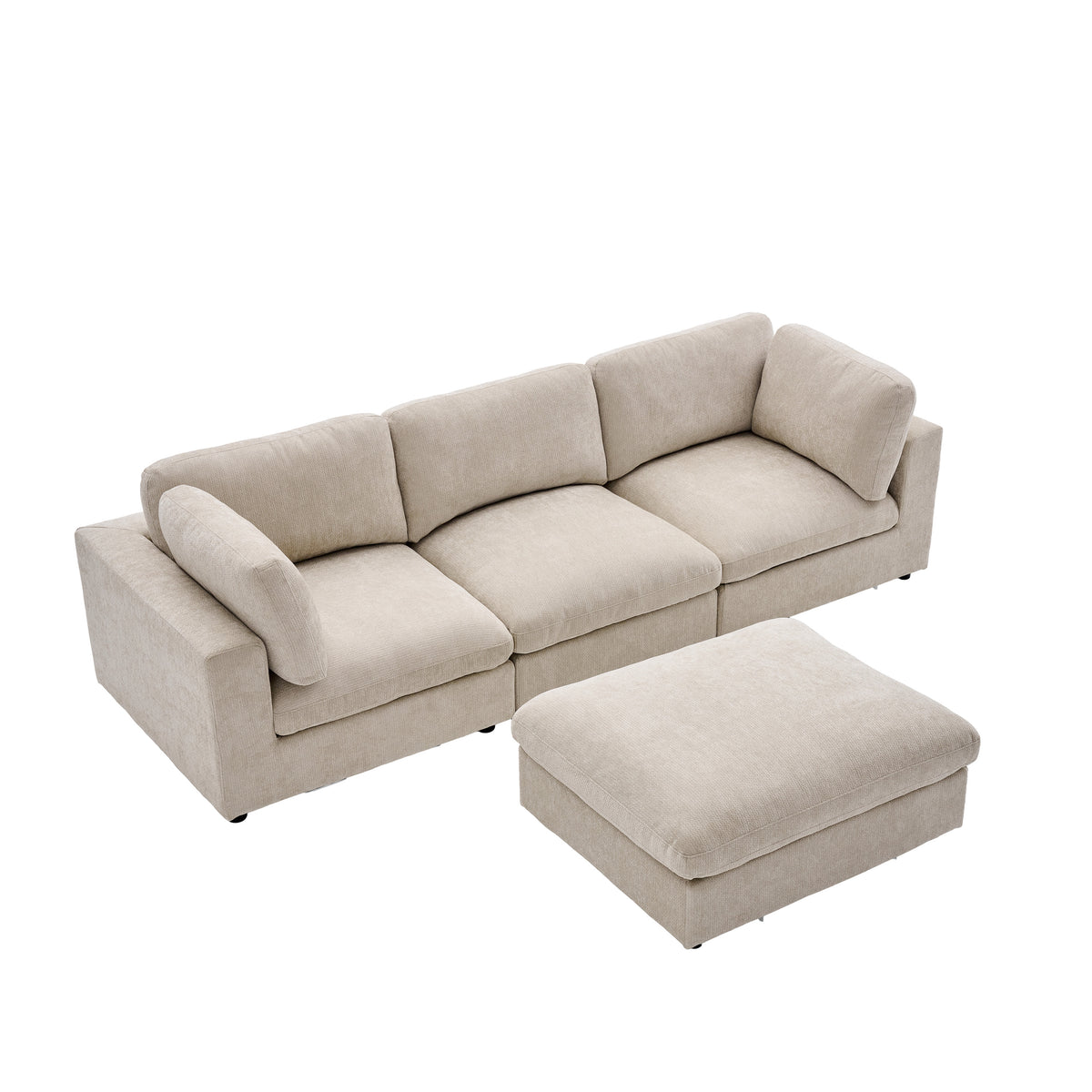 Haven Biscuit fabric three-seater and footstool angled view