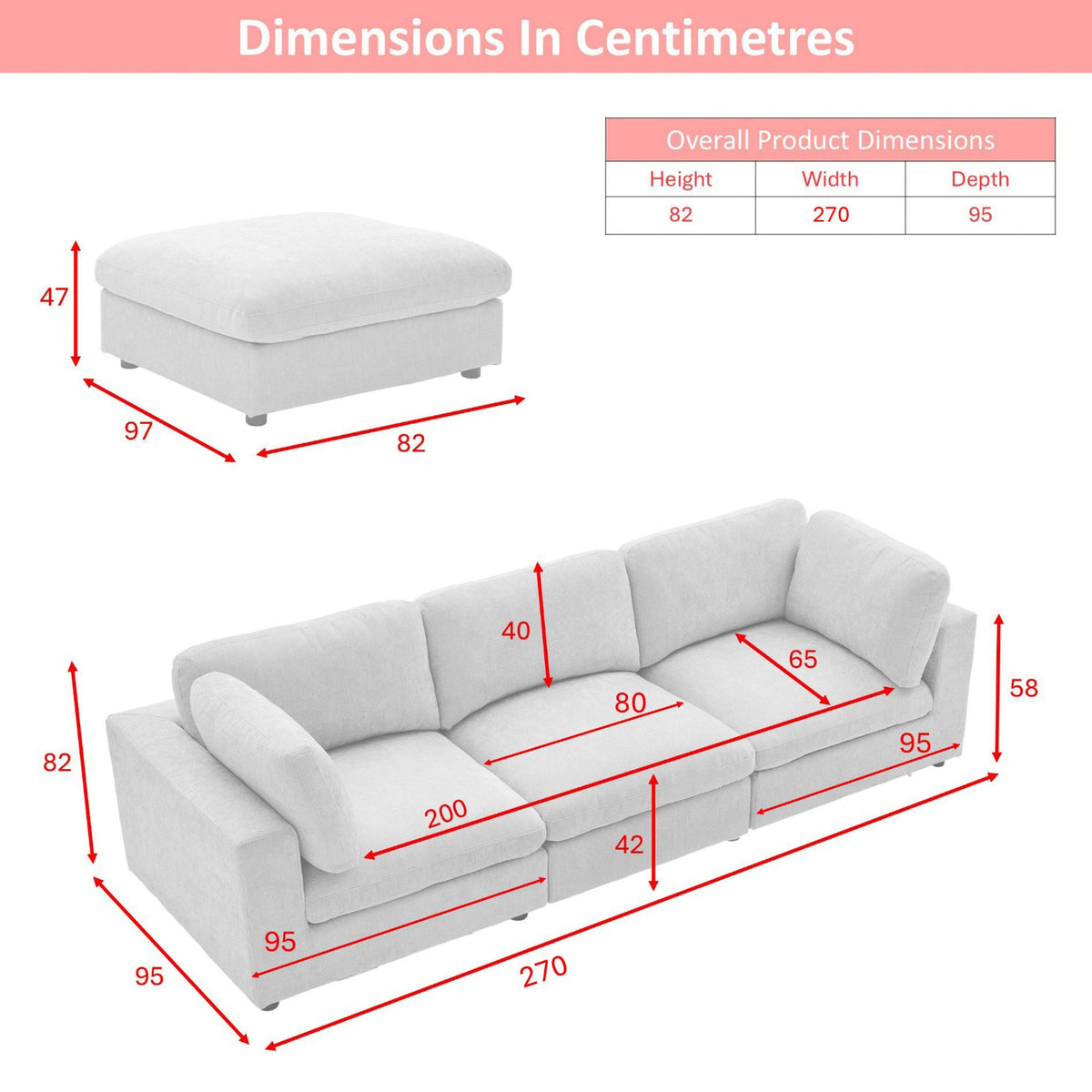 Haven three-seater sofa and footstool dimension diagram